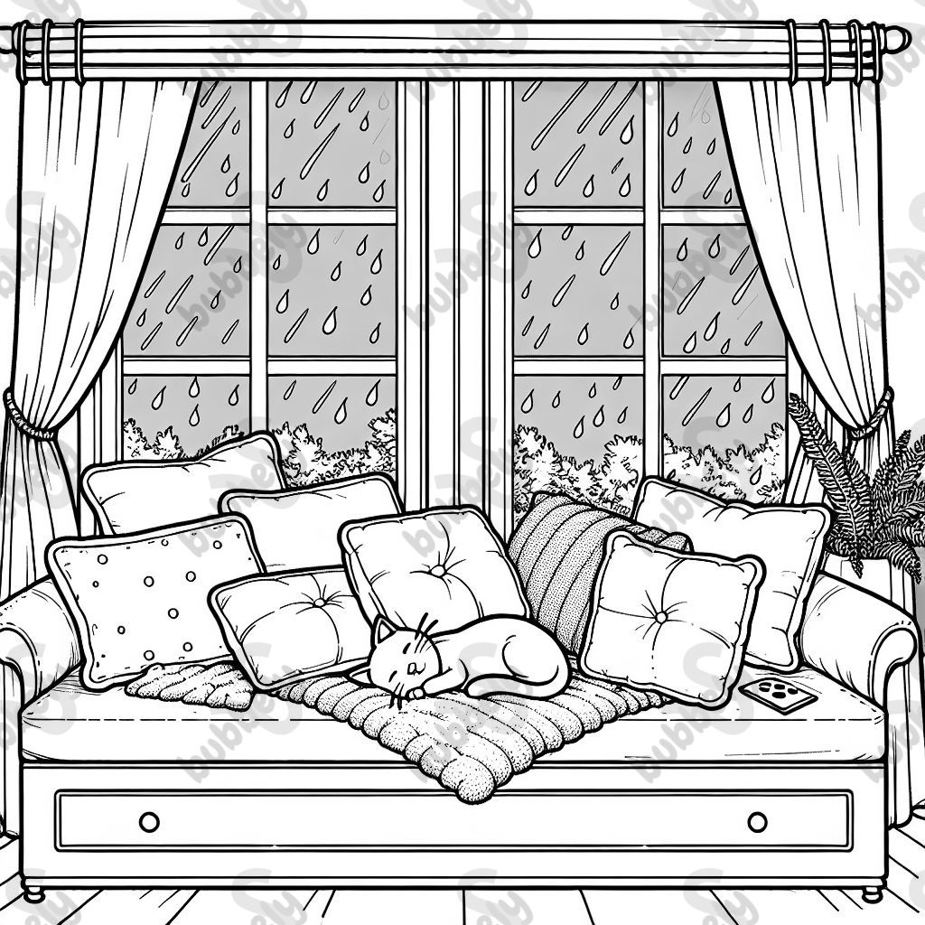 A window seat with plush pillows, raindrops on the glass, and a sleeping cat.