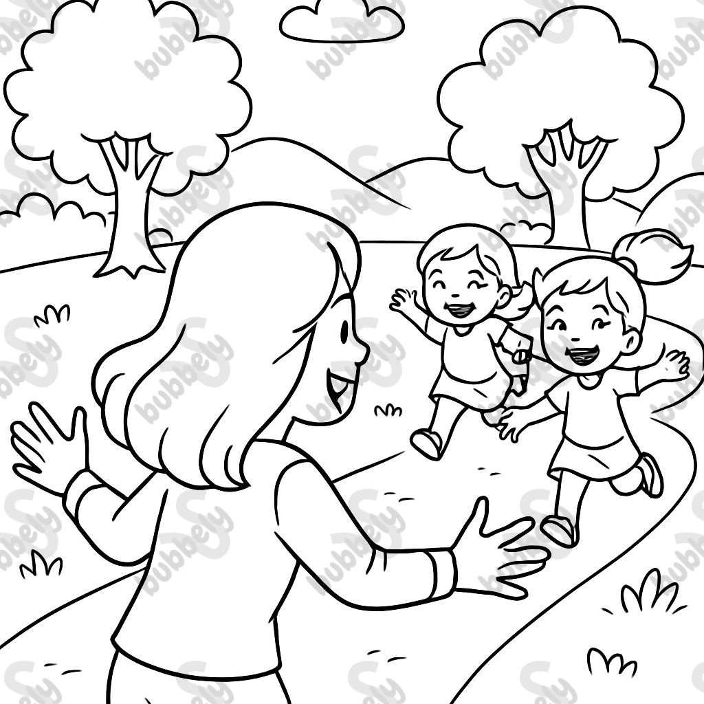 2 filles courent vers maman (tout le monde au loin)