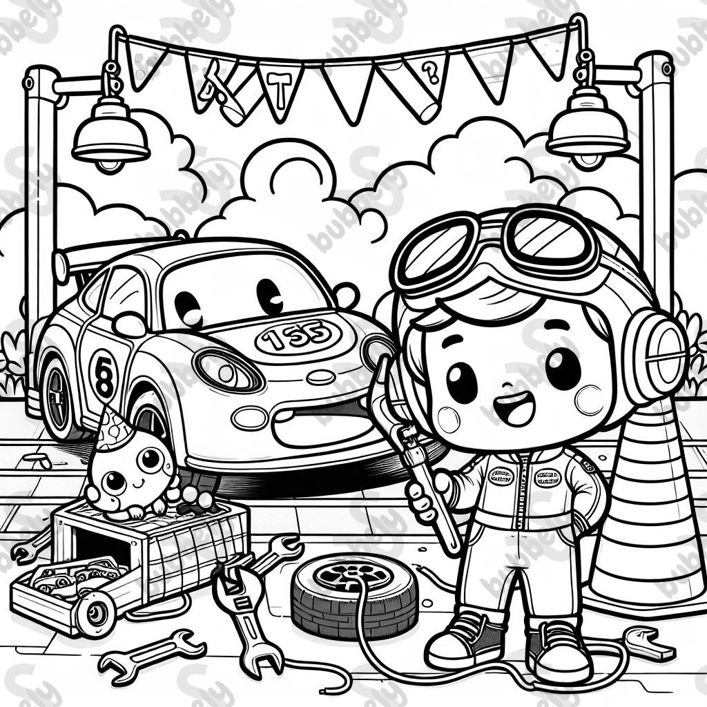 Créez une page de coloriage pour le 1er anniversaire de Benjamin. Le thème est pit stop racer. Créez un petit espace pour écrire le nom. Rendez cela réalisable pour les 1-3 ans.