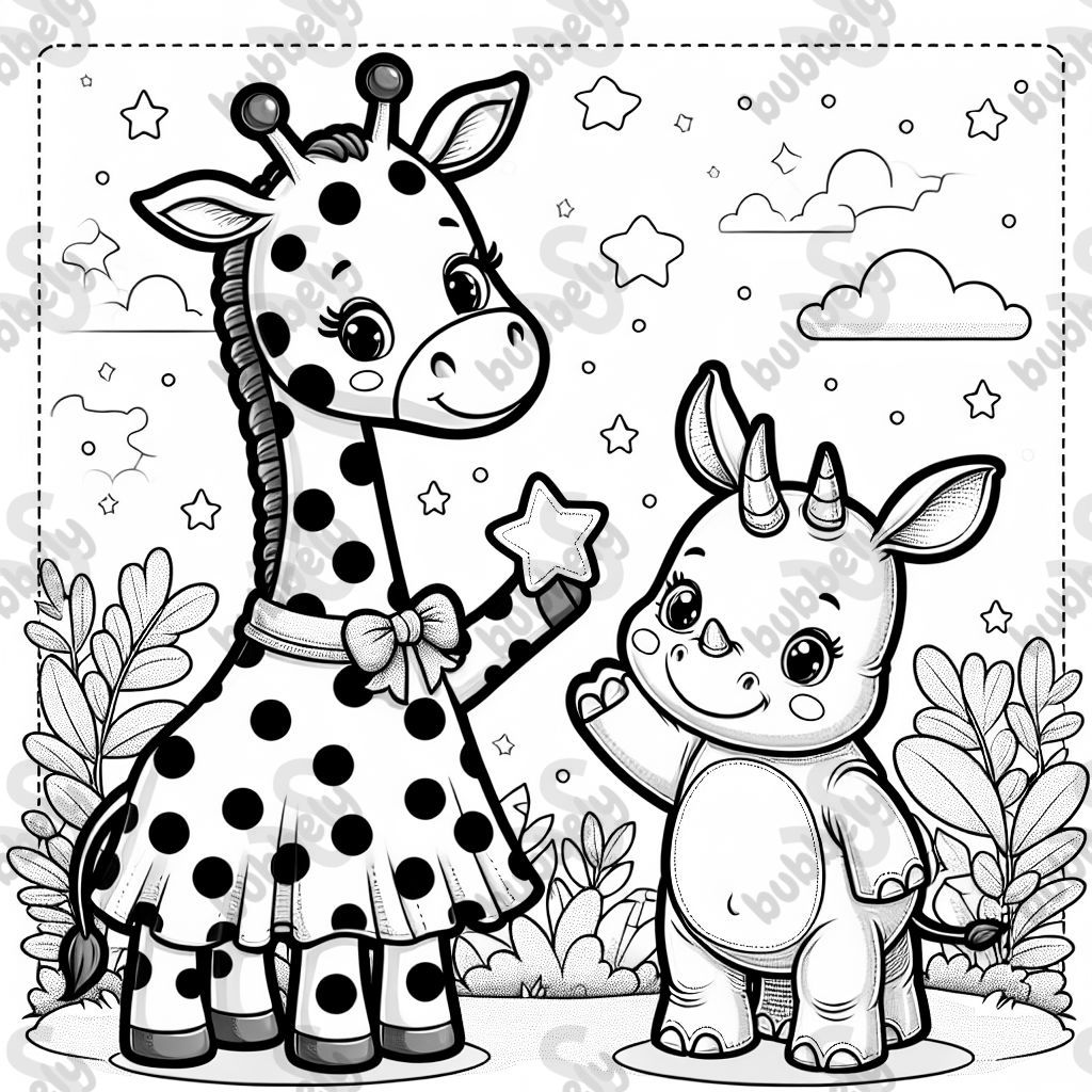 The cute giraffe, wearing a polka dot dress, gives a star to the cute young rhino.