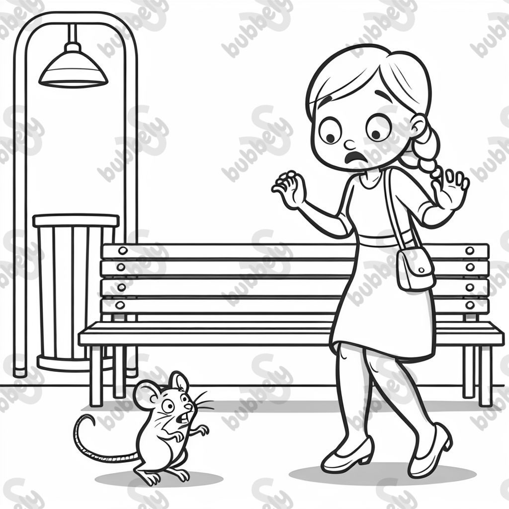 Lady scared of a mouse standing on a bench at a playground.