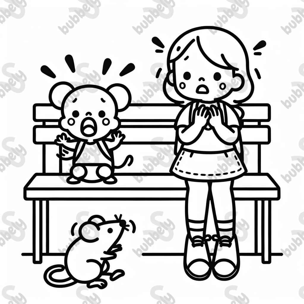 Girl and her mom standing on a bench and scared of mouse