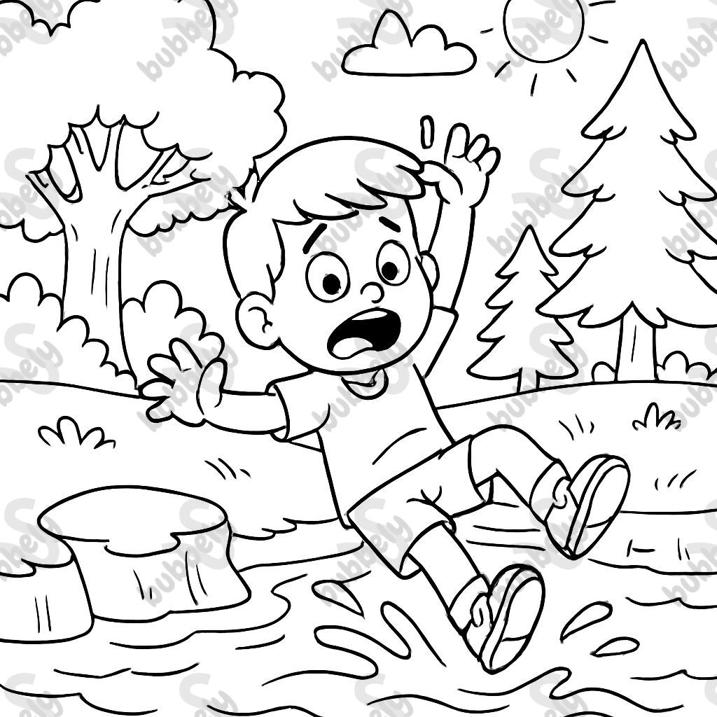 Scared child falling into the river