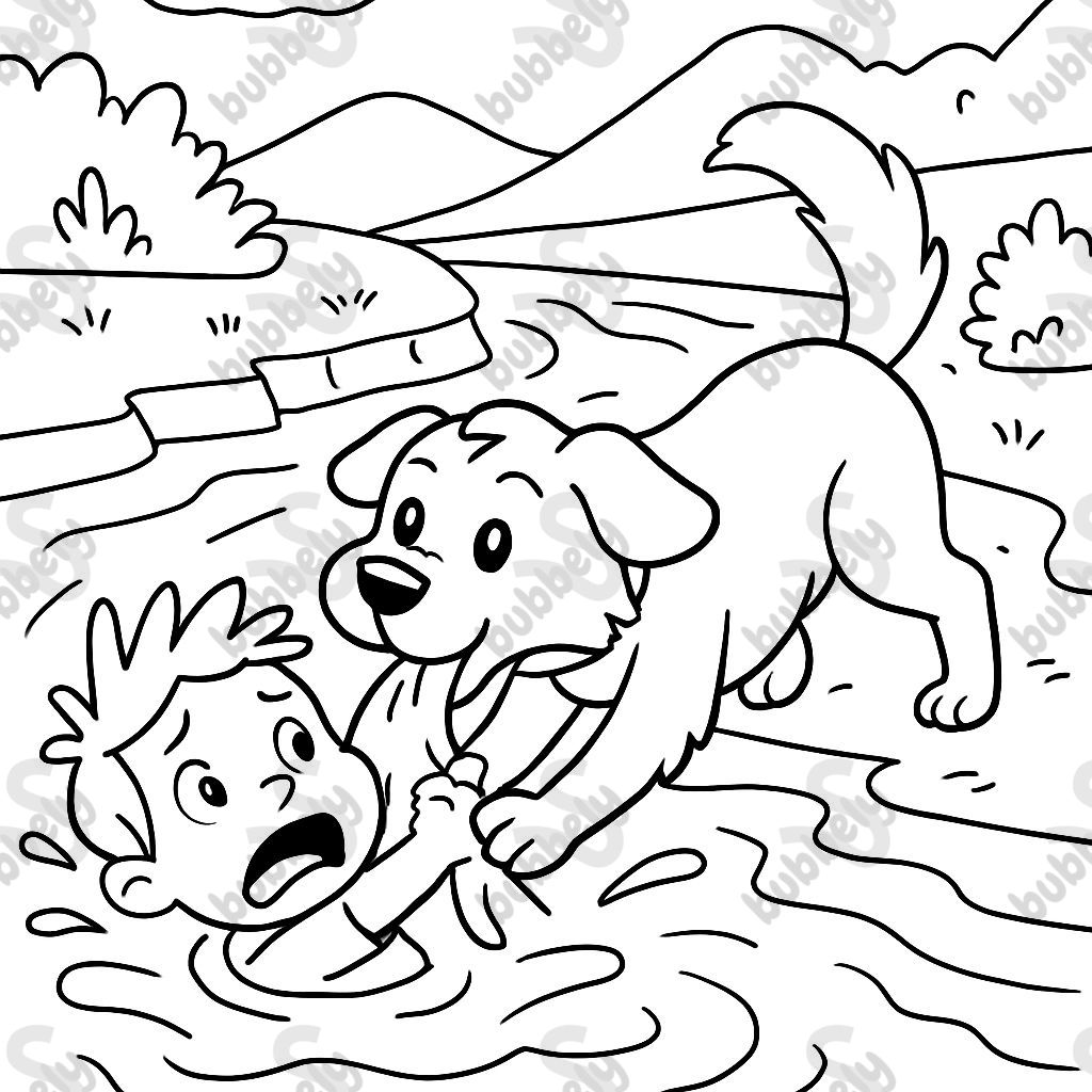 Dog saving a scared child who fell into the river.