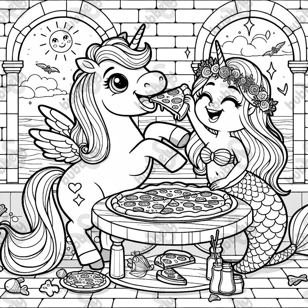 Ein Einhorn das mit einer Meerjungfrau Pizza isst