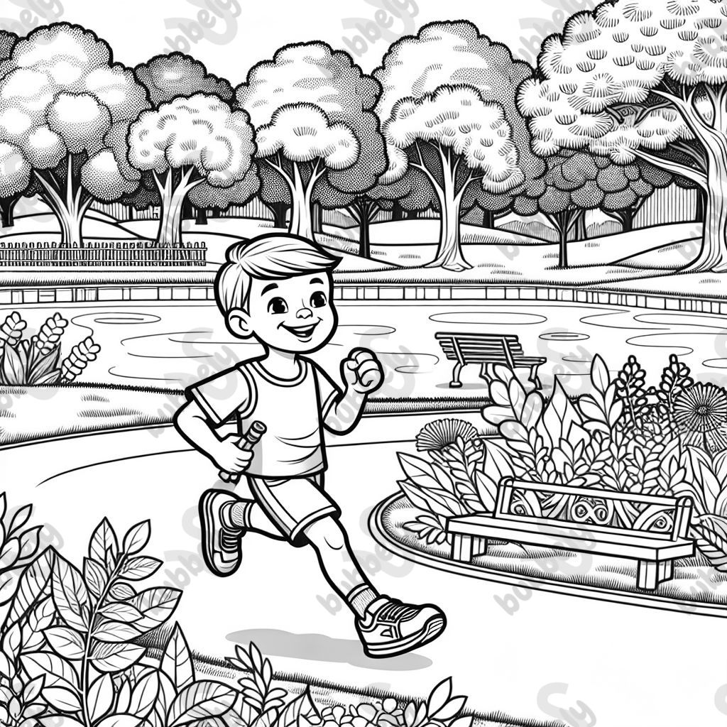 A little boy running a race in a park with a lake