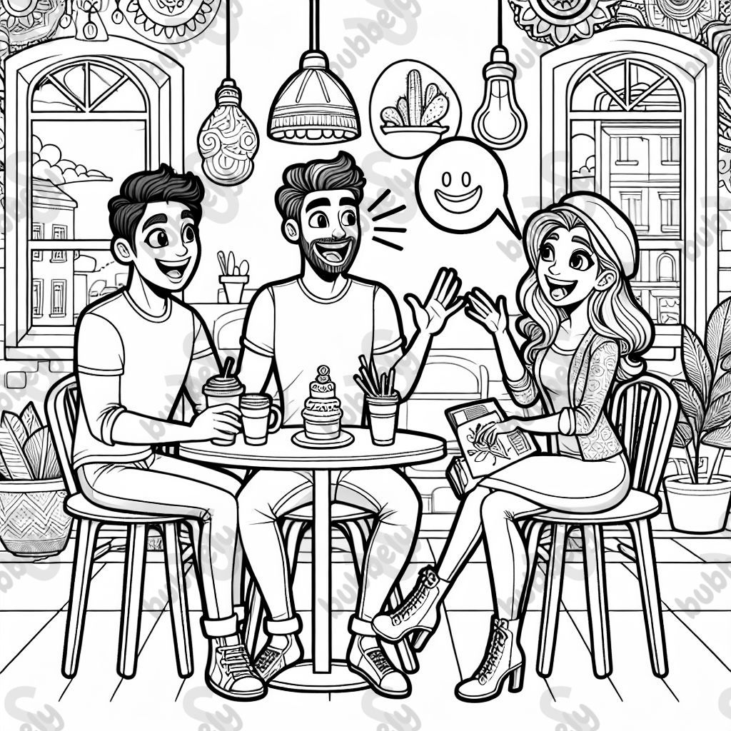 Two adult friends chatting in a cute cafe