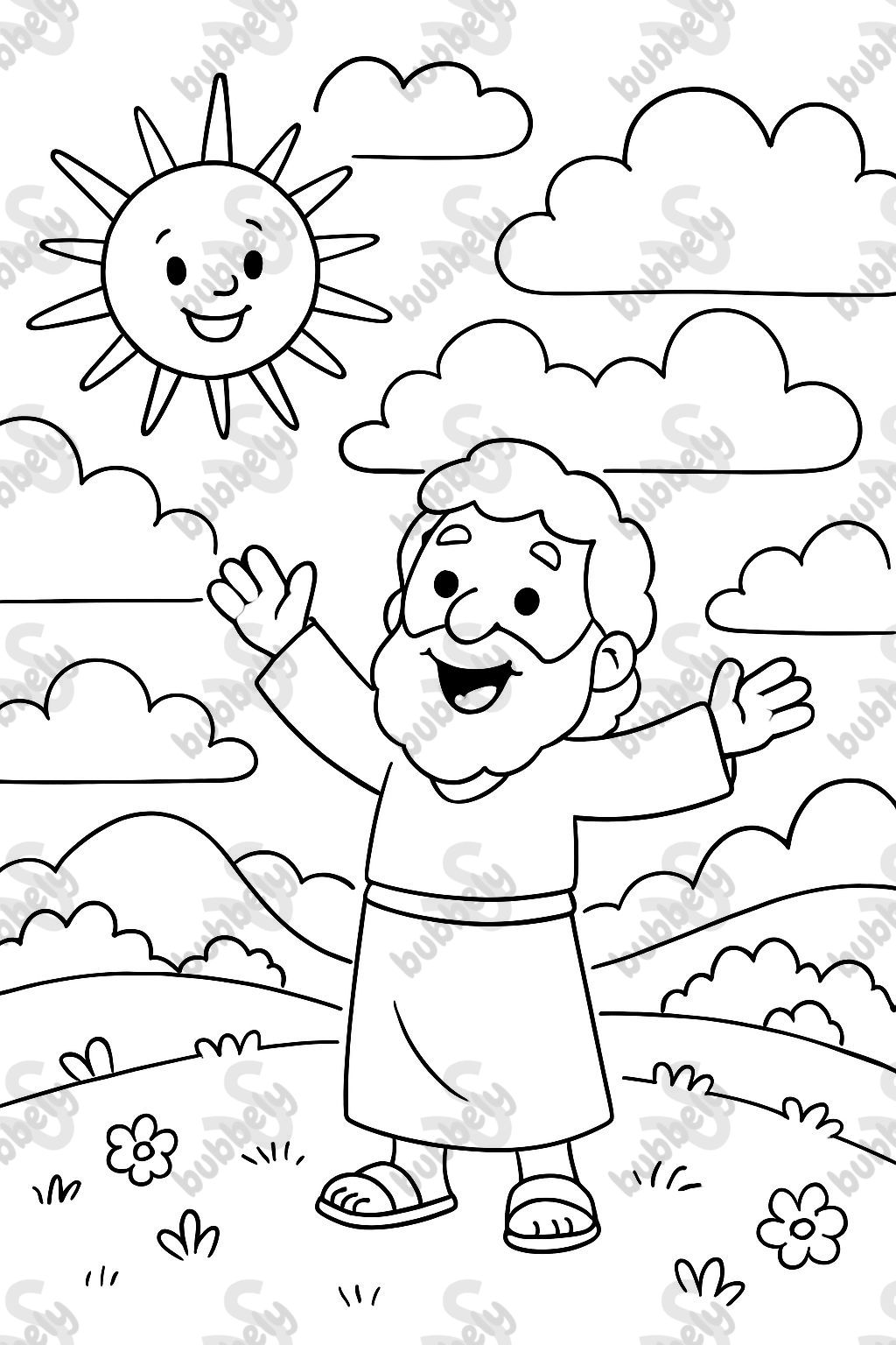 God made the big, beautiful sky, stretching high above the earth.