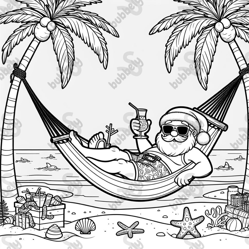 a Santa Claus wearing shorts and a tank top and resting in a hammock on the beach