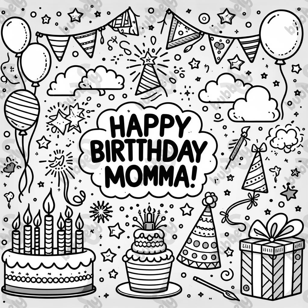 Happy Birthday sign saying "Happy Birthday Momma!" With Birthday cake, balloons, Birthday hats, and fireworks