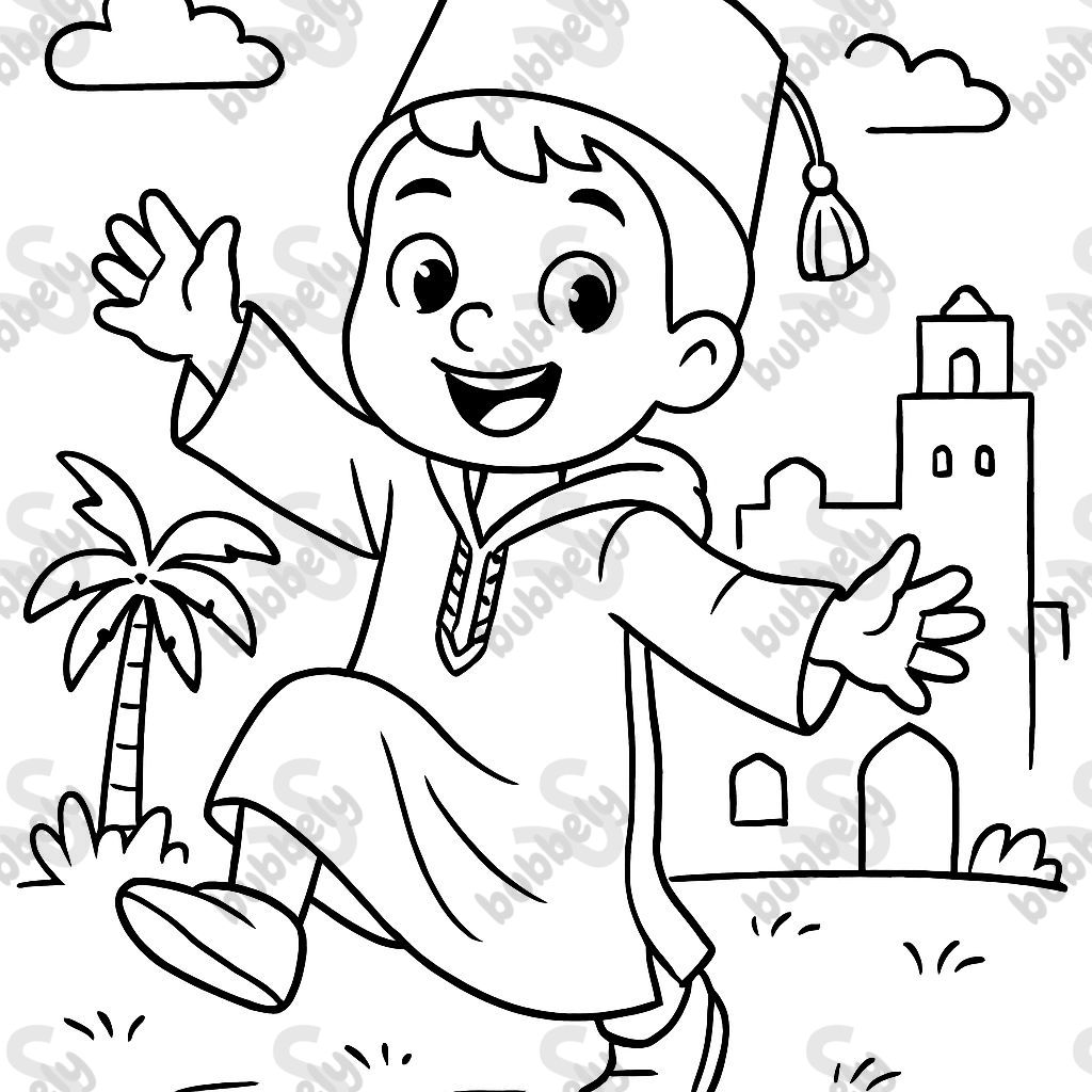 A child wearing a djellaba and a Moroccan hat who is dancing.