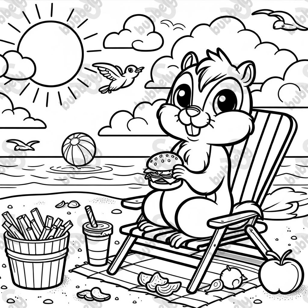 a chipmunk sitting on a chair on the beach eating a hamburger and potato chips
