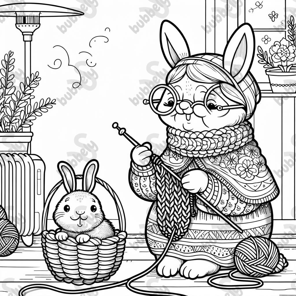 A granny bunny knitting an Easter basket, but accidentally knitting herself into the yarn.
