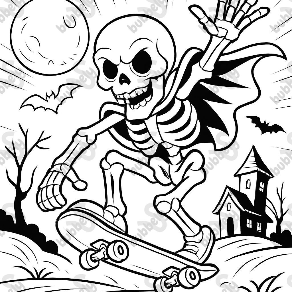 a Halloween skeleton skateboarding