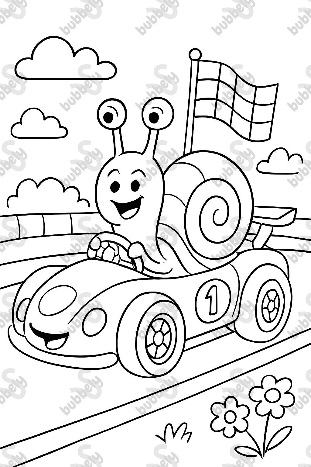 a snail in a race car
