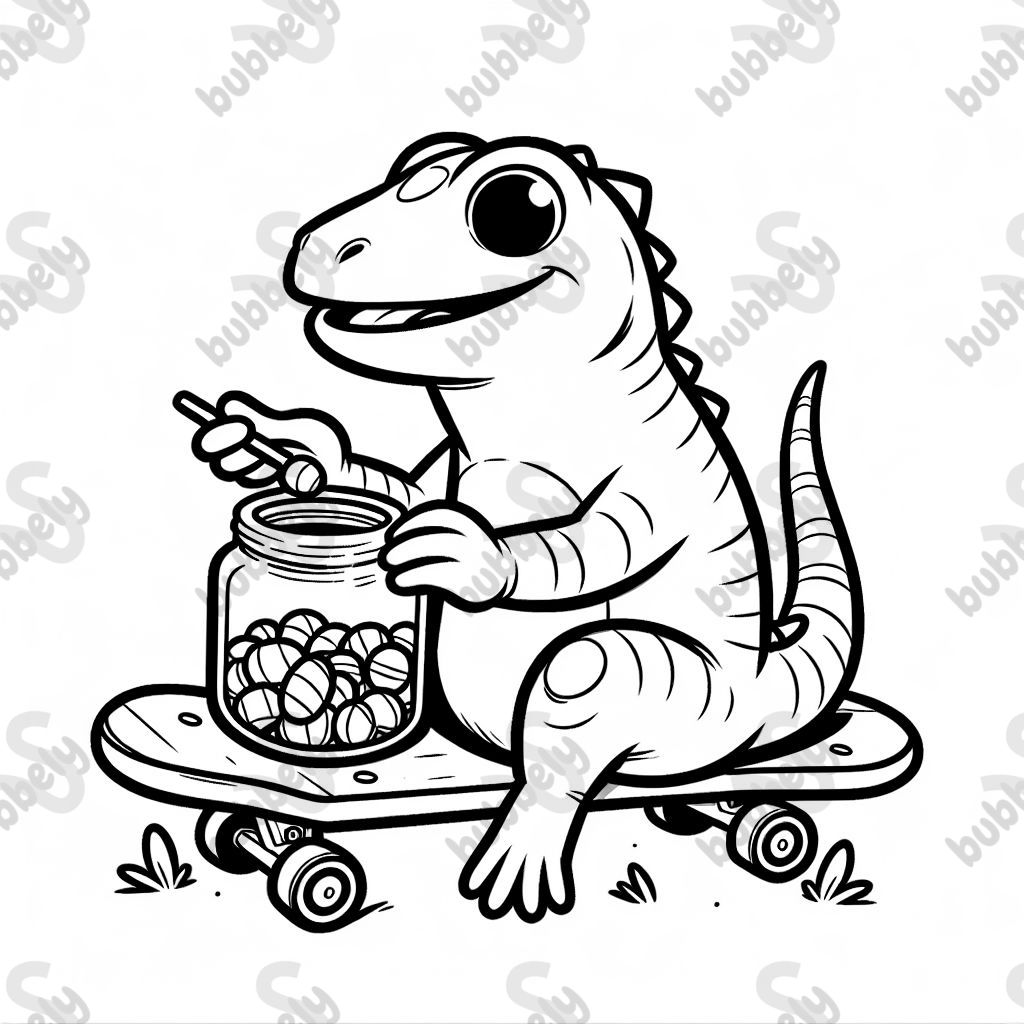 lizard sitting on a skateboard holding a jar of candy