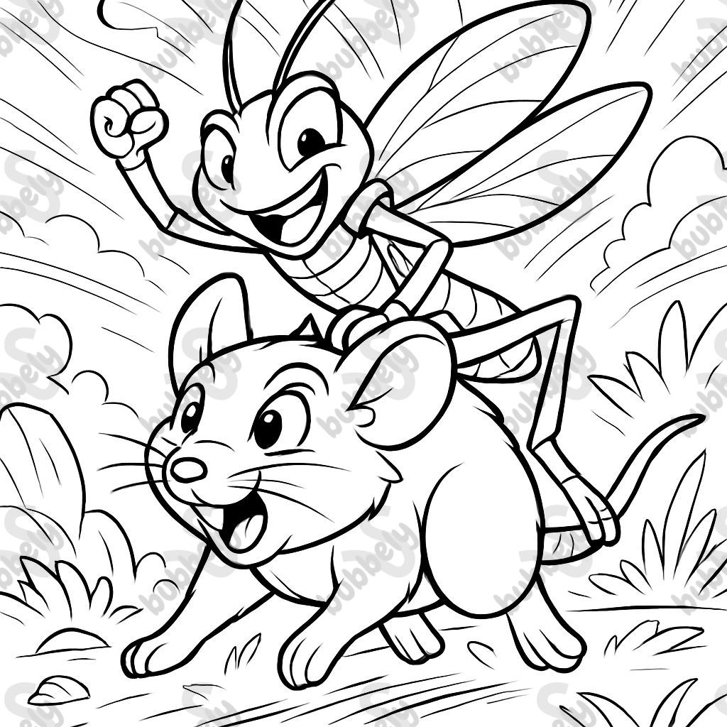 a grasshopper riding a mouse