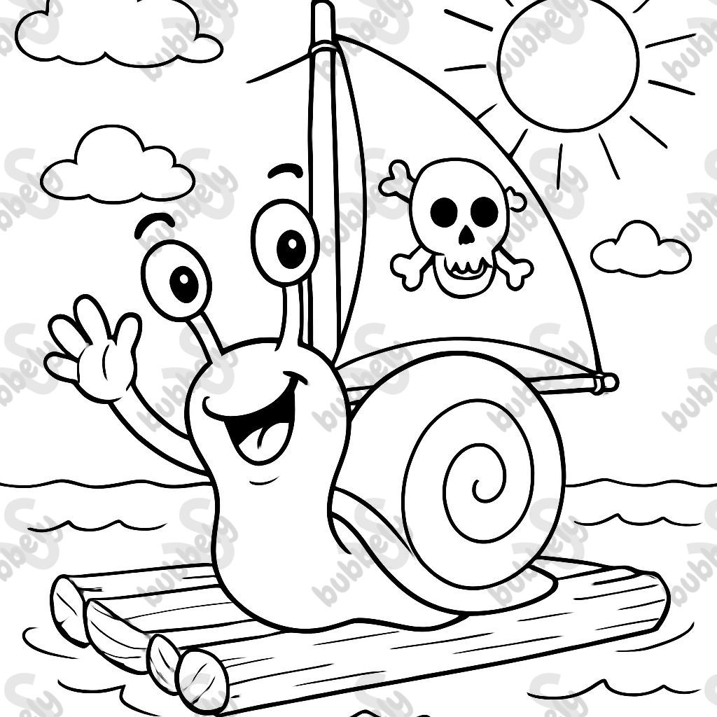 a snail on a raft. With a sail that says 'Pirate'.
