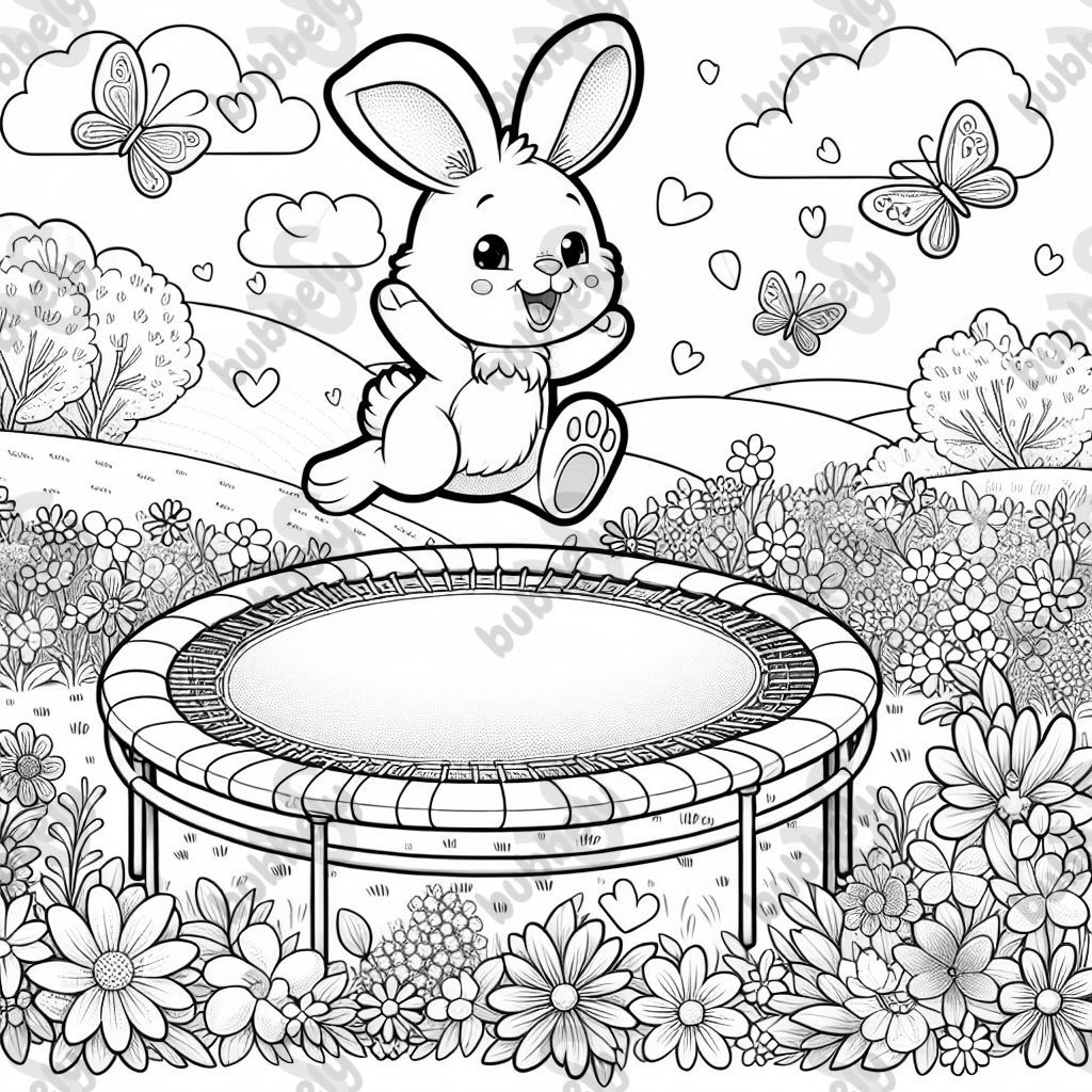 bunny hoping on a trampoline in a field of flowers