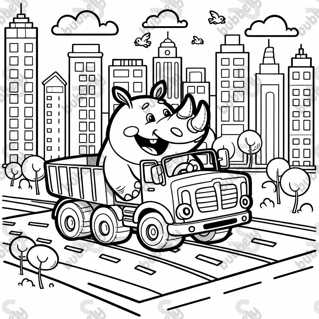 rhinoceros driving a truck in the city