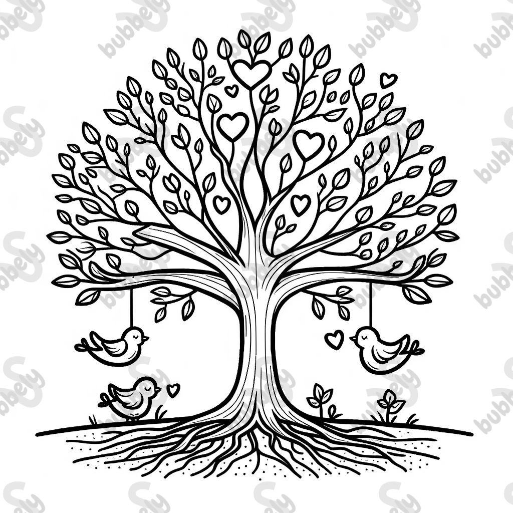 A sturdy tree with roots and branches symbolizing family, strength, and connection. Include heart-shaped leaves or two little birds perched in the branches.