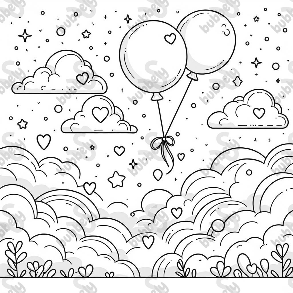 Two balloons rising gently into the sky, surrounded by fluffy clouds with subtle hearts or stars