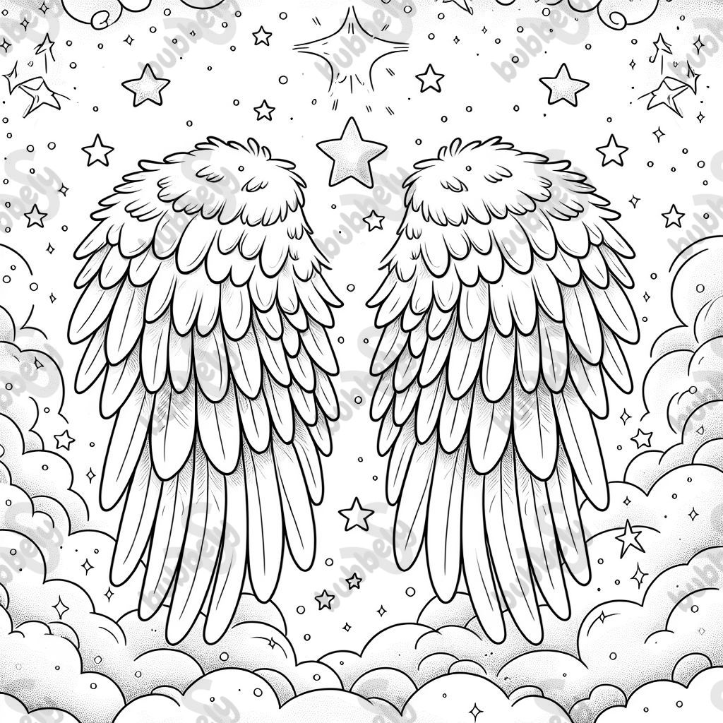 A peaceful design with soft, feathery angel wings surrounded by stars