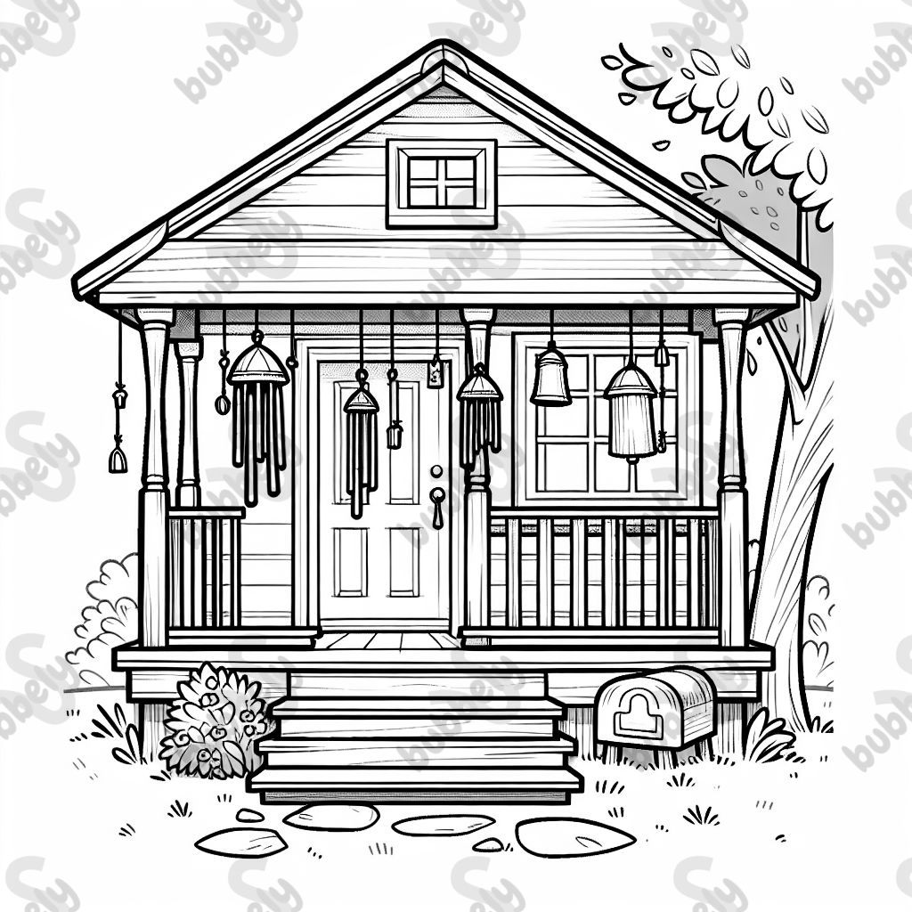 2 wind chimes hanging on the front porch of a house