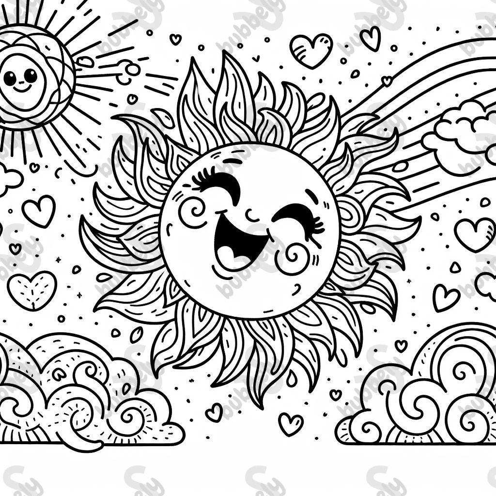 a happy sun in the sky with hearts surrounding her