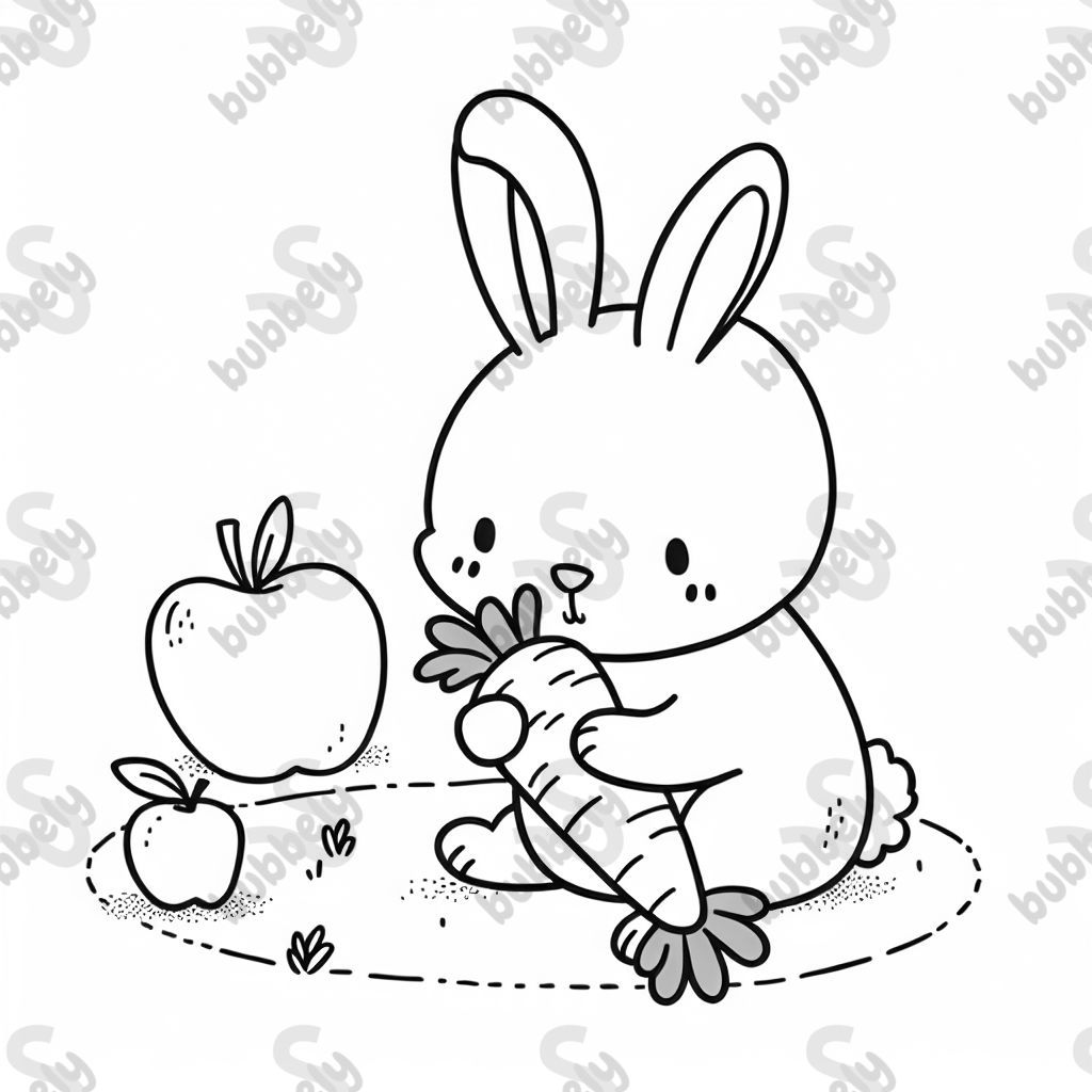 Rabbit eating a carrot with apple on the floor