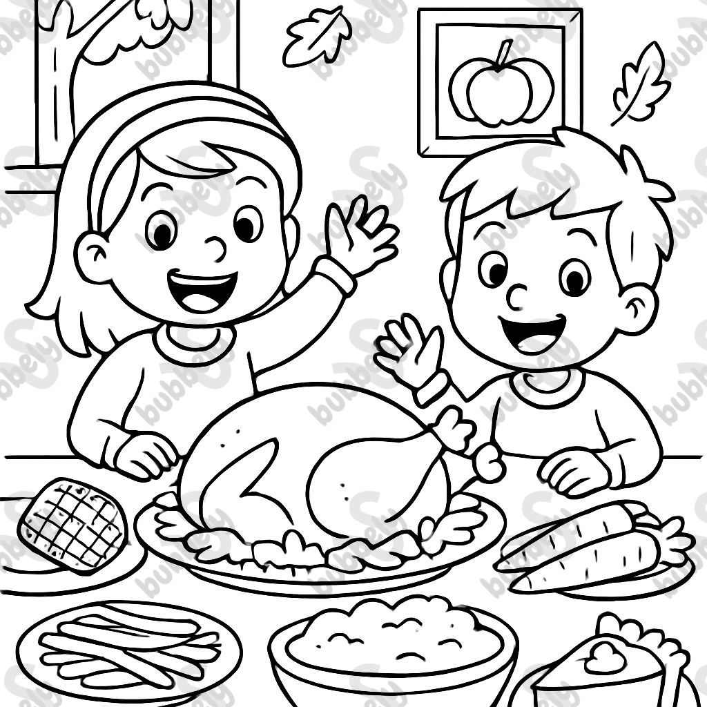 boy and girl at thanksgiving dinner with turkey, corn on the cob, carrots, green beans, potatoes, mashed potatoes, pumpkin pie