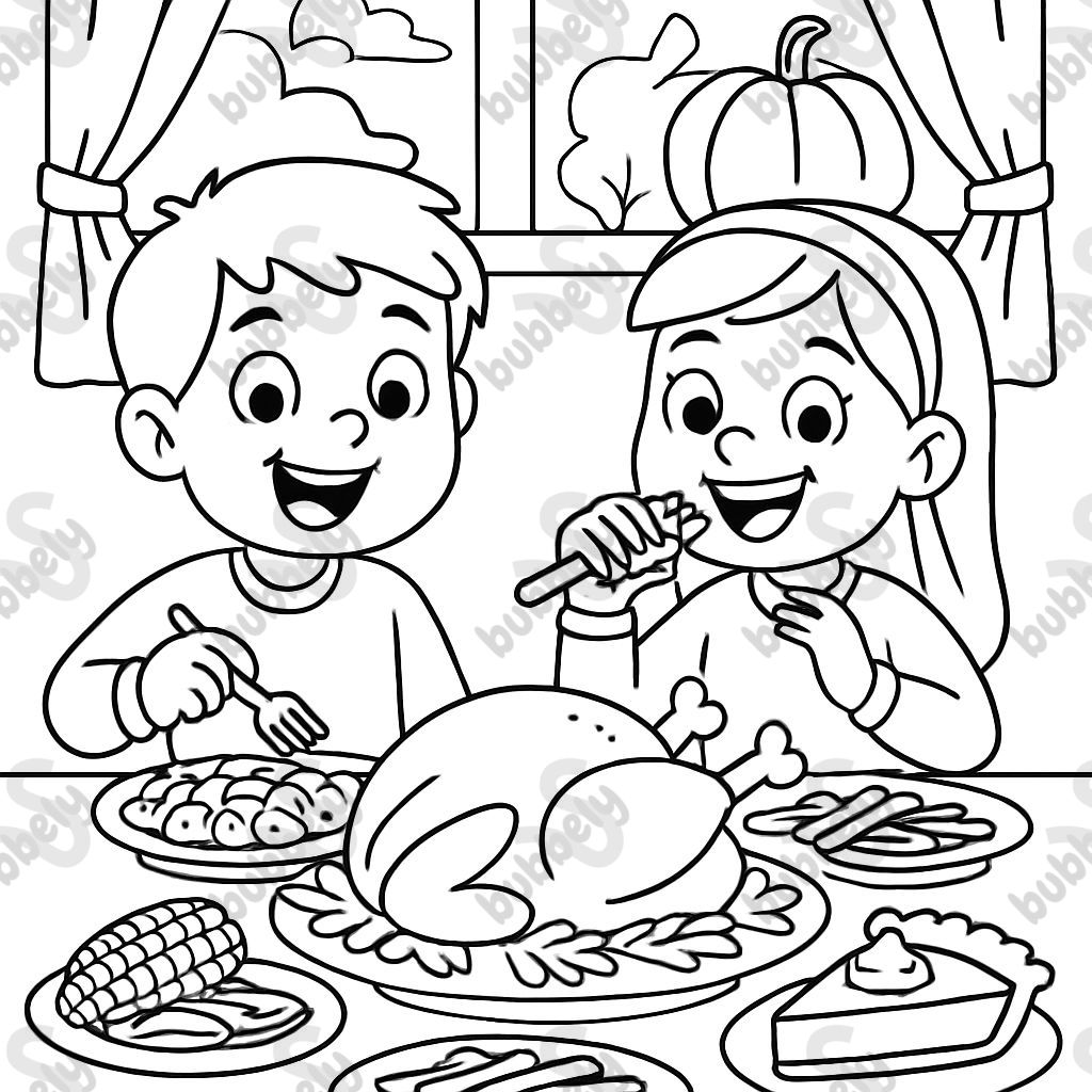 boy and girl eating thanksgiving dinner with turkey, corn on the cob, sliced carrots, mashed potatoes, green beans and pumpkin pie
