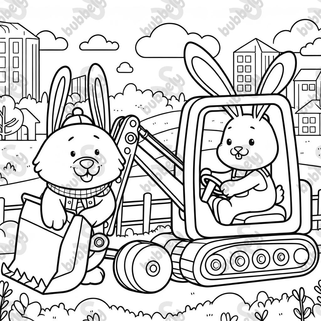 a dog and a rabbit in a digger. In the background, there is nothing to see. Only the digger with the animals is visible. a dog and a rabbit in a digger. In the background, there is nothing to see. Only the digger with the animals is visible.