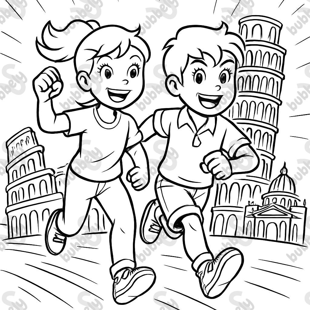 A boy and girl with Italian landmarks behind them.