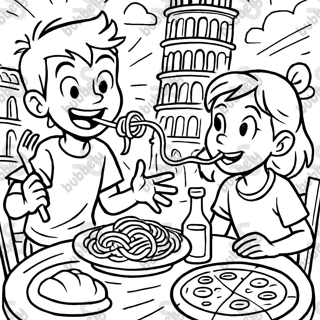 A boy and girl having an Italian meal in Italy.