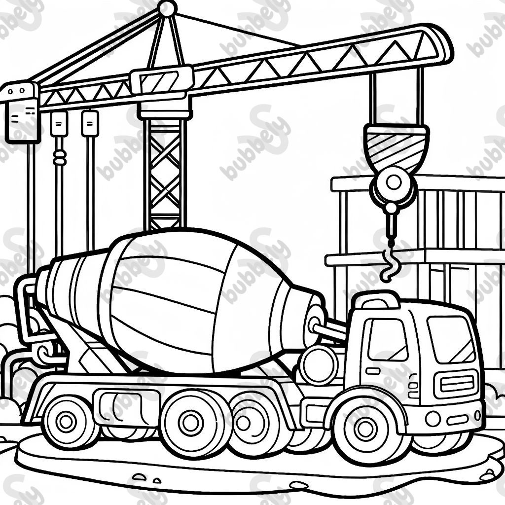 Betonmischer und kranlaster an Baustelle 