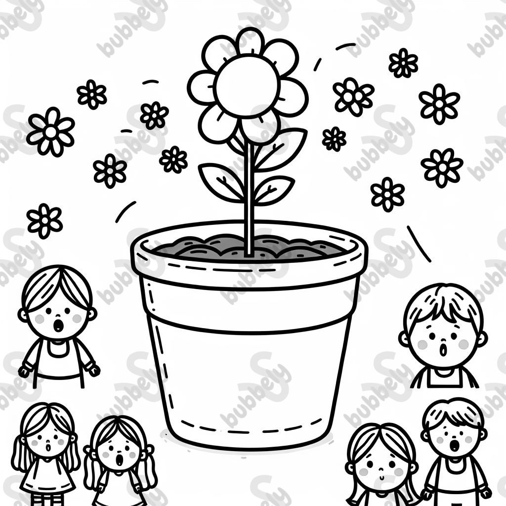 Ein leerer Blumentopf, rechts und links staunenden Leute