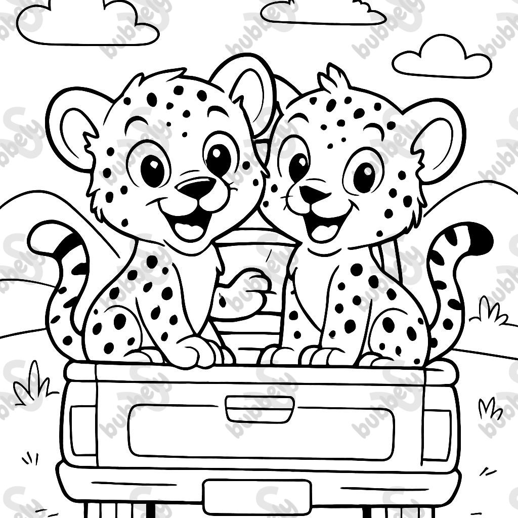 two baby cheetahs sitting in the back bed of a pickup truck