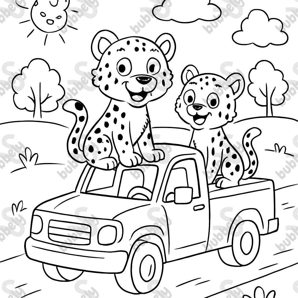 Two cheetahs in the bed of a pick-up truck