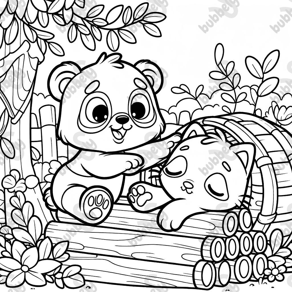 A panda playing with a sleeping cat.