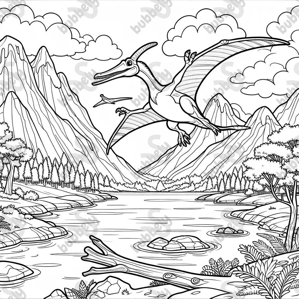 einen Pteranodon, der über einen Gebirgssee fliegt