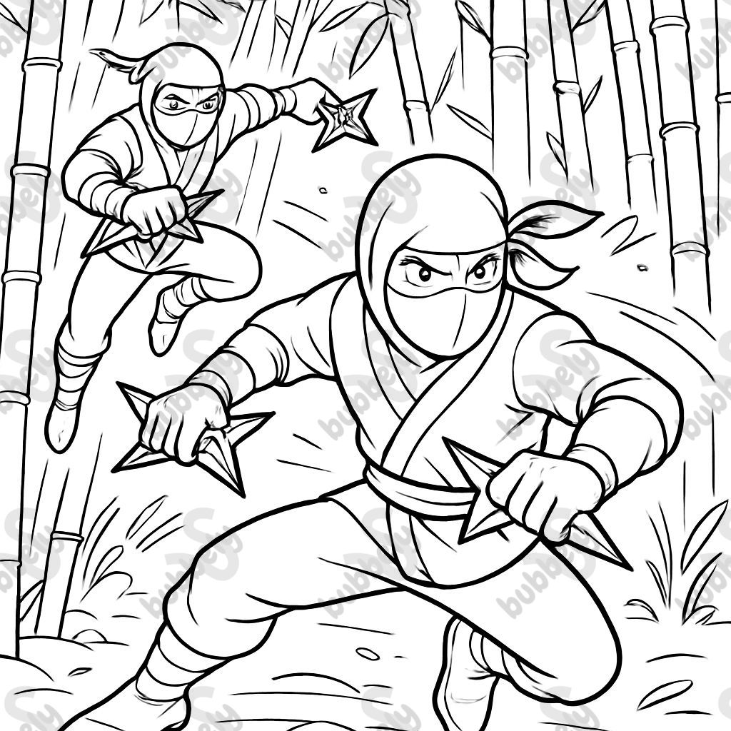 Two ninjas fighting each other with shuriken in a bamboo forest Two ninjas fighting each other with shuriken in a bamboo forest