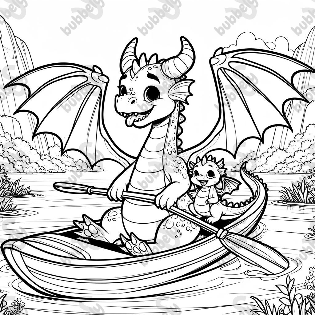 Dragon dad and young dragon happily sitting in kayak on a lake