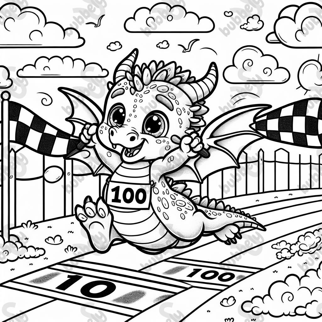 a young cute dragon flying in a race crossing the finish line with bib number 100