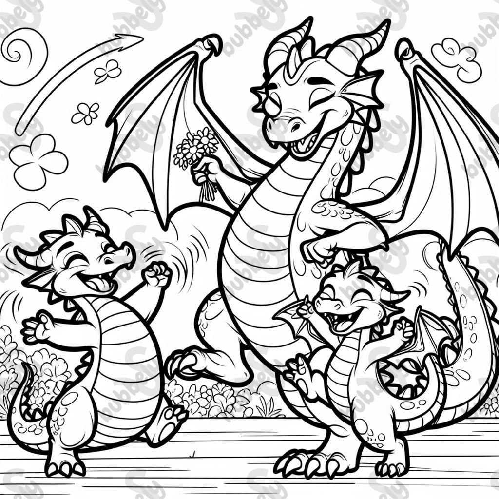 mom and dad dragon dancing with their two dragon sons