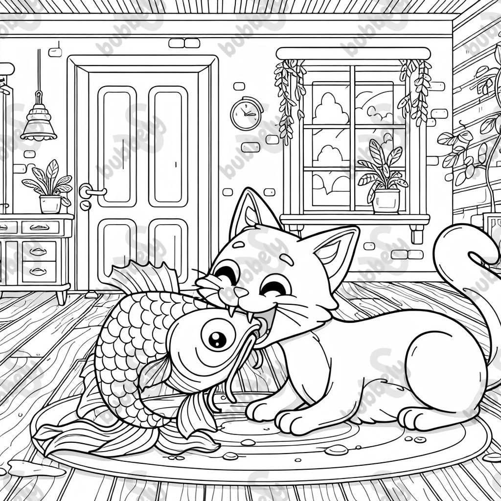 un chat mangeant un poisson à longue queue sur le sol à l'intérieur d'une maison