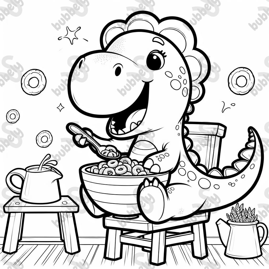 A dinosaur in a chair eating cereal