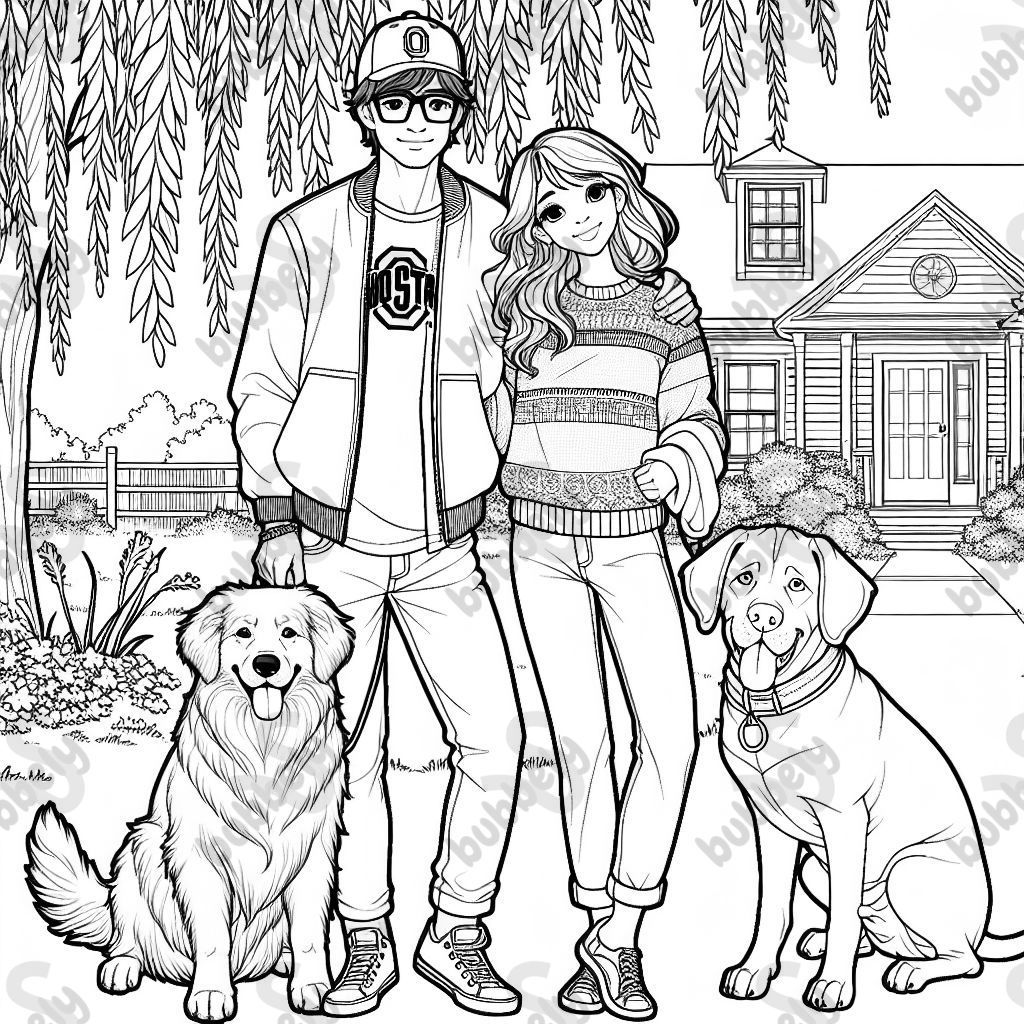 A man with fluffy brown hair, wearing square glasses on his face, a ball cap on his head, wearing an Ohio State t-shirt and jeans. A woman with red brown hair in a braid going to the side, wearing a sweater and jeans with sandals on her feet. A big golden retriever and a puppy cane corso. Standing outside under a weeping willow tree in front of a small house.