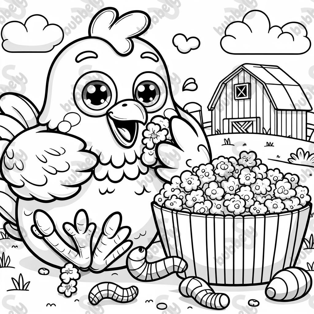 chicken eating worms and popcorn