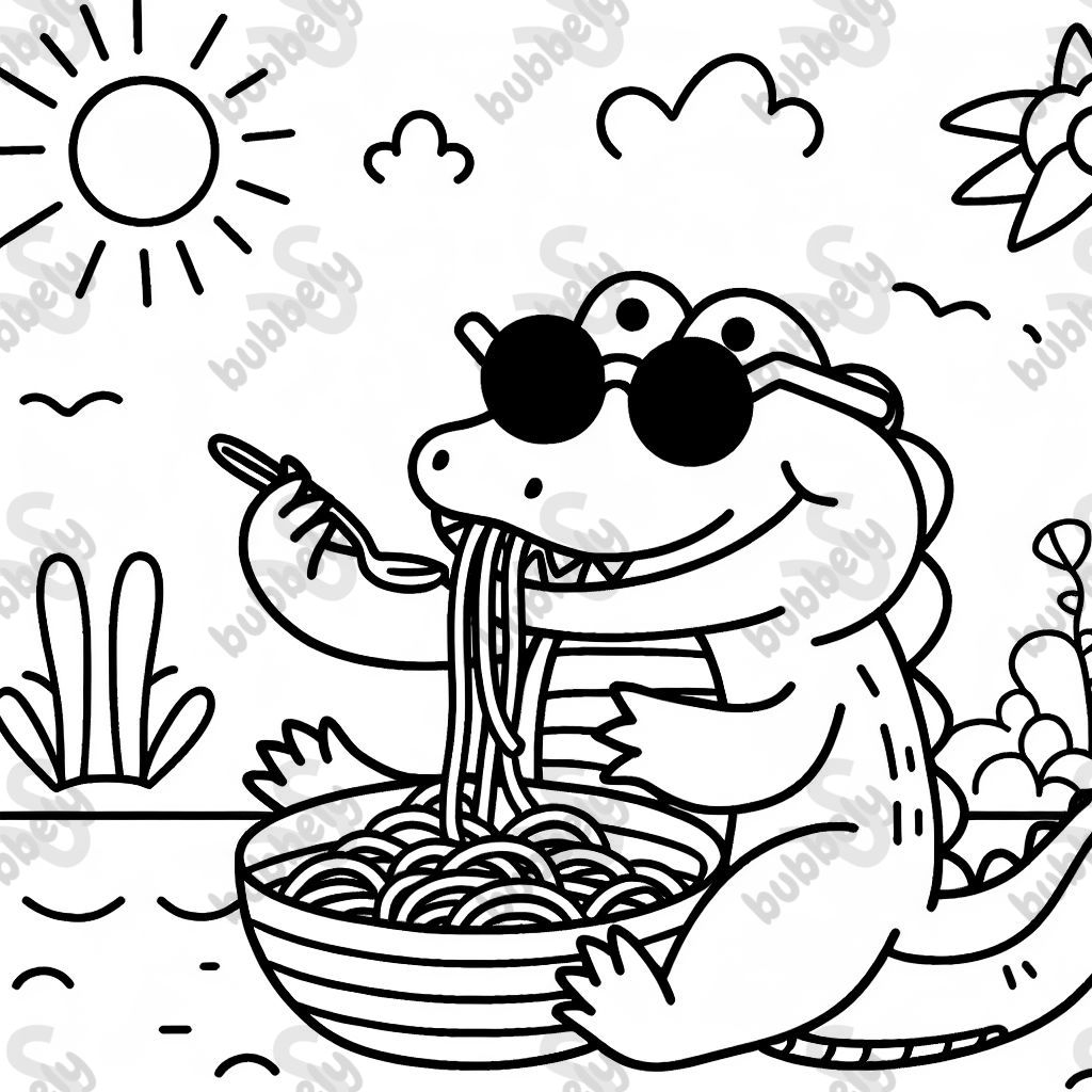Un alligator avec des lunettes de soleil mange des spaghettis.